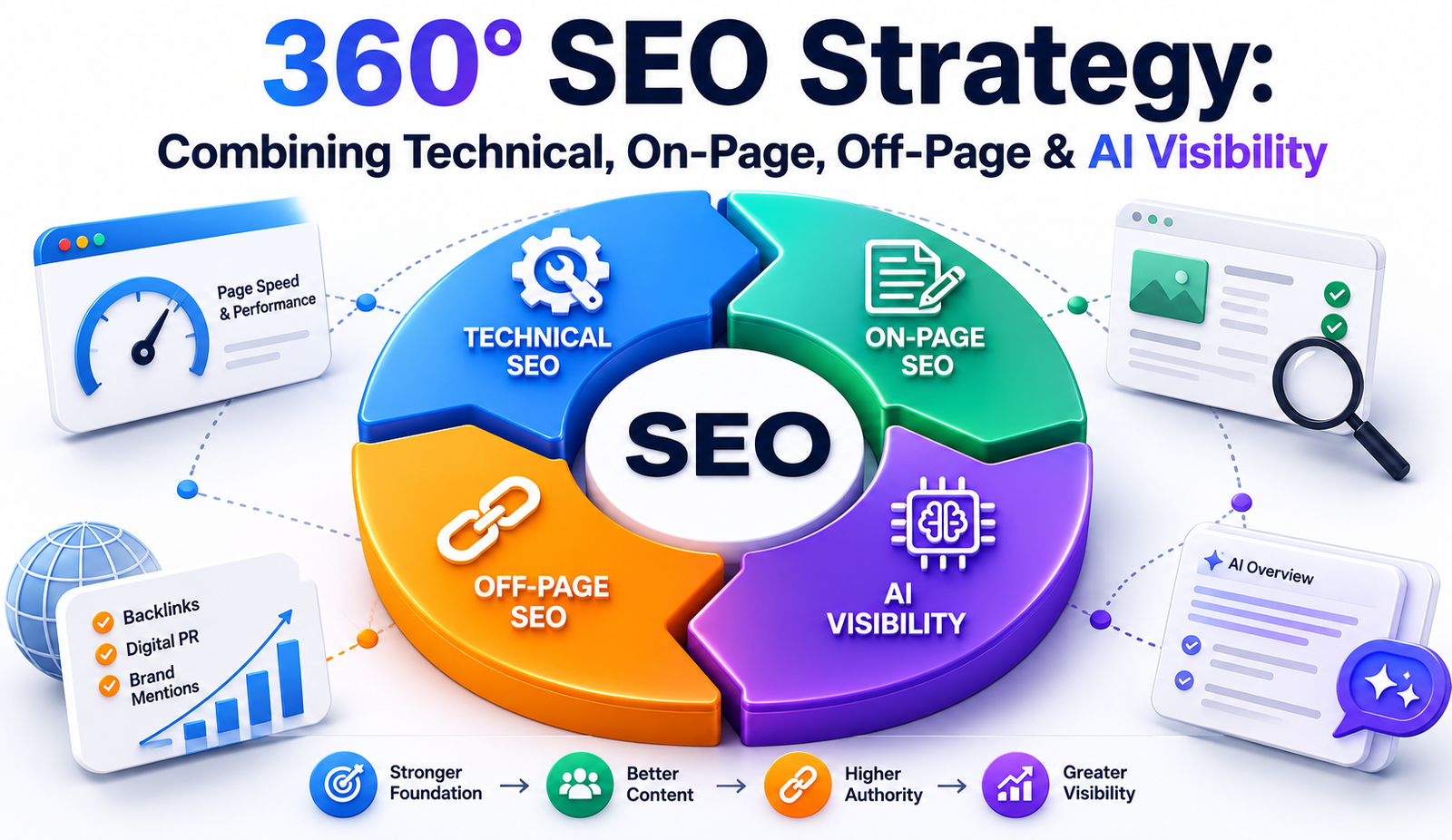 360° SEO Strategy: Combining Technical, On-Page, Off-Page & AI Visibility