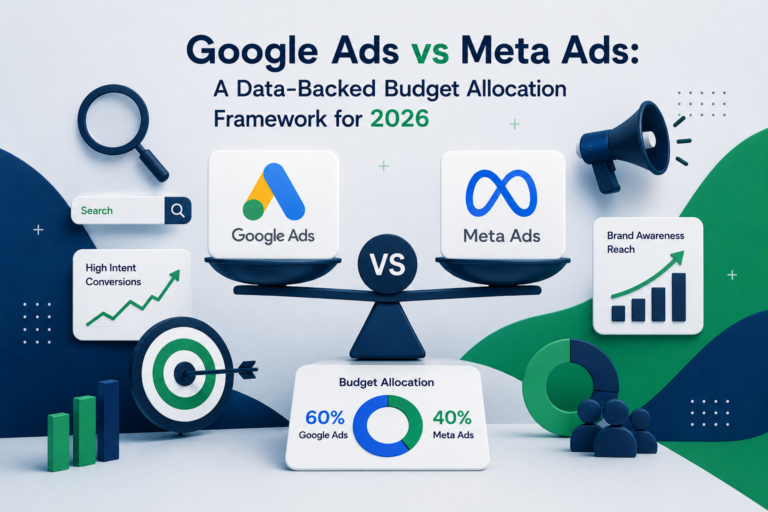 Google Ads vs Meta Ads 2026 budget allocation framework infographic showing a balance scale with 60% Google Ads and 40% Meta Ads split